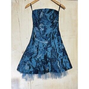 Vtg Y2K Jessica McClintock Unique Blue Floral Tulle Strapless Prom Dress Sz 2